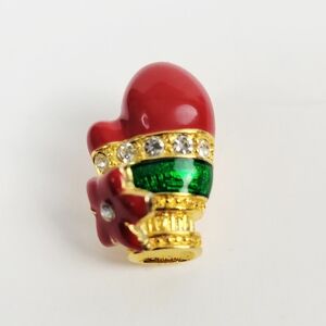 Rhinestone Mitten Lapel Scatter Pin~Red Green Enameled~Poinsettia Christmas